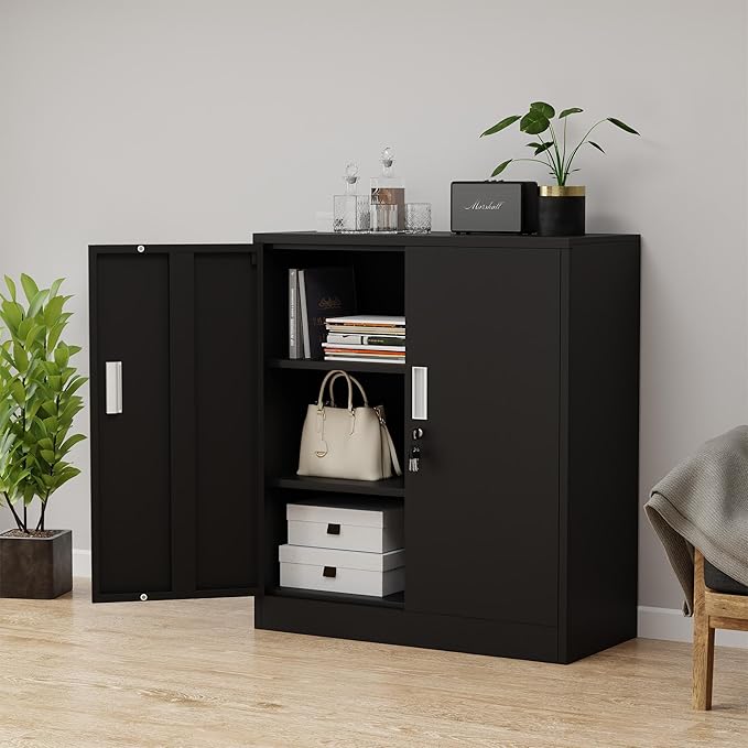 Metal Storage Cabinet with Locking Doors and 2 Adjustable Shelves, Small Lockable Storage Cabinet for Home Office Garage (Black)