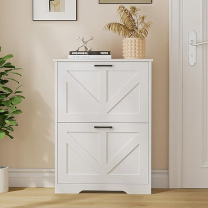 Farmhouse Shoe Cabinet for Entryway with Barn-Style Flip Drawers, Narrow Shoe Storage Organizer with Top Display Shelf, Adjustable Shelves, Shoe Rack for Hallway, Closet- (White, 24")