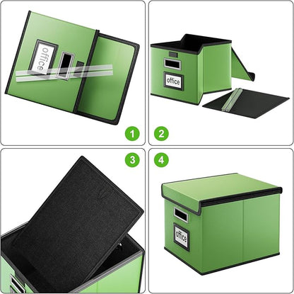 Huolewa Portable Leather File Organizer Boxes with Lids, Office Document Boxes Organizer, Filing Boxes, Decorative Small File Boxes for Hanging Files, File Cabinet for Office/Home - 4 Pack