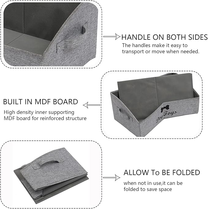 Geyecete 3 Pack Large dog toy bin dog toy box storage box - Foldable Fabric Trapezoid Organizer Boxes with Handle for Dog Toys (Snow Gray-DOG)