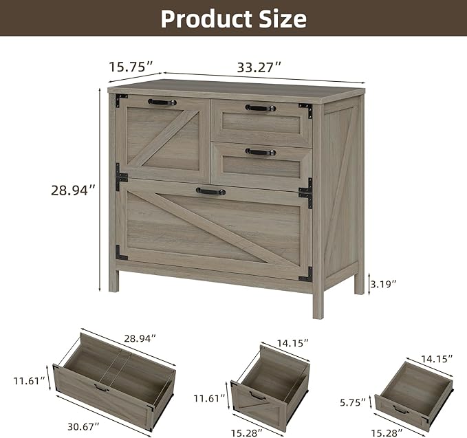 Wood Lateral File Cabinet with 4-Drawer for Hanging Files Letter/A4/Legal Size, Large Farmhouse Filing Cabinets for Home Office, Printer Stand with Office Cabinet, Office Furniture, Rustic Grey