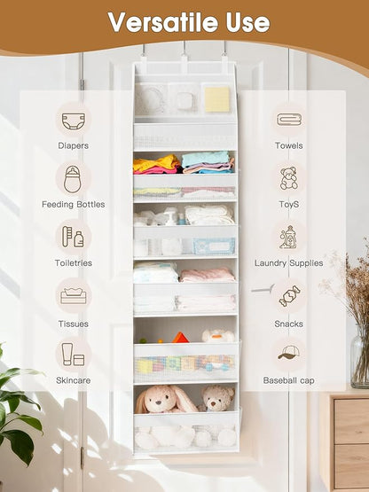 Criusia 2 Pack Over the Door Organizer, Heavy-Duty 6-Shelf Hanging Storage with 13 Mesh Pockets, 55lbs Capacity Behind the Door Storage for Nursery, Bathroom, Bedroom, and Dorm, White