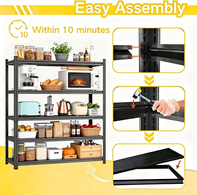 Kitchen Storage Shelves, 78''H*35''W Microwave Stand, Adjustable Metal Shelving, 2000LBS Bakers Rack, Black Kitchen Shelf, 5-Tier Shelving Unit for Bathroom, Pantry, Laundry, Closet, Garage