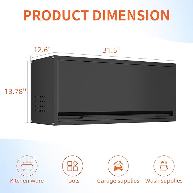 Metal Garage Wall Cabinet, Floating Garage Tool Cabinets with Up-Flip Door,13.8''H Hanging Wall Mounted Storage Cabinet for Garage, Warehouse, Kitchen, Bathroom, Workshop, RV, Black