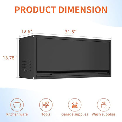 Metal Garage Wall Cabinet, Floating Garage Tool Cabinets with Up-Flip Door,13.8''H Hanging Wall Mounted Storage Cabinet for Garage, Warehouse, Kitchen, Bathroom, Workshop, RV, Black