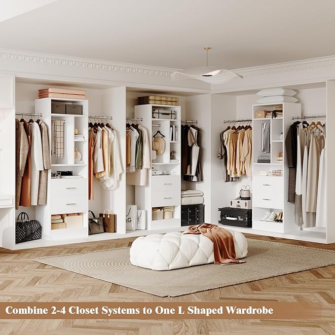 COTUBLR Closet System, 48" W - 105” W Closet Organizer with 24” Tower and 2 Extendable Hanging Rods, Walk-in Wardrobe Garment Rack with 2 Wooden Drawers and 6 Shelves, Fit up to 600 LBS (White)