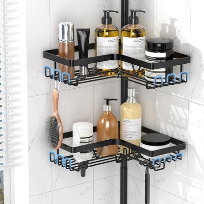 Tension Rod Shower Caddy Corner - Tension Pole Shower Caddy with 2 Towel Bars & Toothbrush Holder, Black Bathtub Organizers and Storage Corner Stainless Steel(Tall 25 to 114.2 Inches)