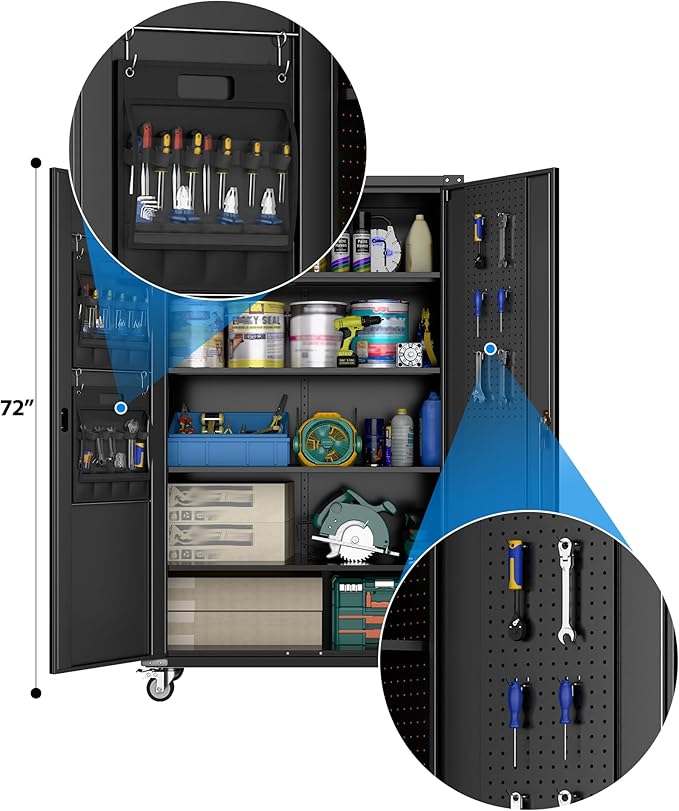 43.3" Wx21.85 Dx72 H Wide and Deep Garage Storage Cabinet with Wheels and Pegboard, Heavy Duty Metal Storage Cabinet with 4 Adjustable Shelves and 9 Hooks for Garage,Warehouse,Home, Black