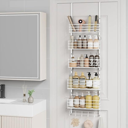 SWTYMIKI Over The Door Organizer - Door Organizer Hanging with 5 Adjustable Metal Large Capacity Basket and 6 Coat Hook, Wall Mounted Shelf for Bedroom Closet Bathroom Laundry Pantry Cabinet Kitchen