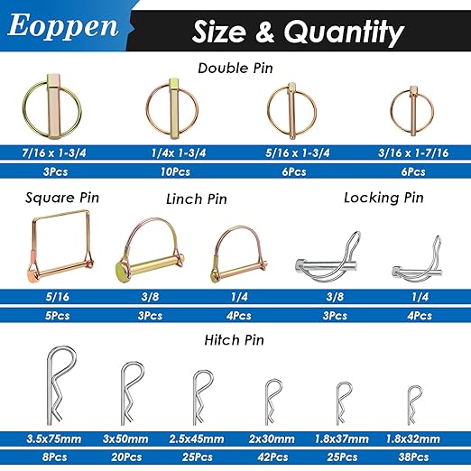 202Pcs Hitch Pins Clip Pins Assortment Kit, Heavy Duty Tractor Pins Linch Pins PTO Pins Tractor Accessories for Trailers, Tractors, Trucks, Lawn Mower