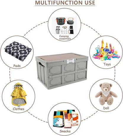 Outdoor Dog Toy Bin wtih Handles,Collapsible Dog Stuff Organizer Portable,Pet Storage Basket with Wood Cover for Dog Toys/Snack/Camping Essentials,Ideal for Car Trunk,RV Trip,Picnic-Gray