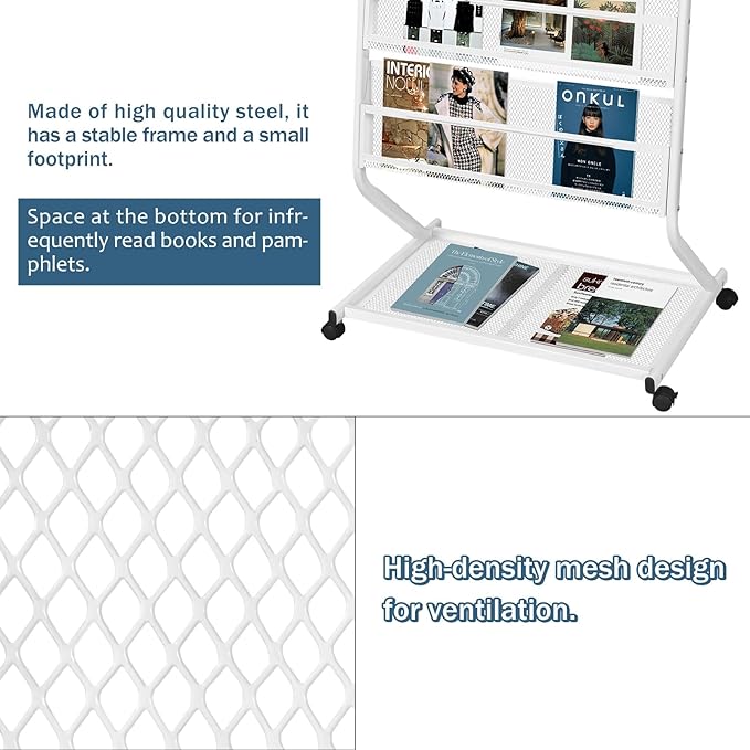 4-Tier Rolling Magazine Rack, Floor Standing Brochure & Literature Display Stand, 23.4" Wide, White