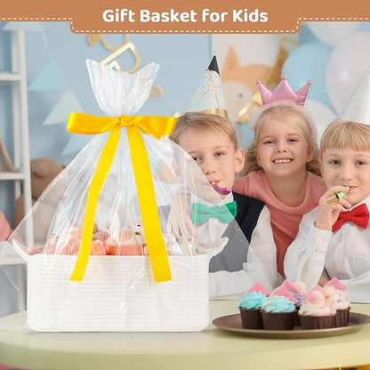 Large Empty Gift Baskets for Baby Shower, 16.5" L x 12.6" W x 7" H Cute Woven Storage Basket with Gift Bags and Ribbons, Small Rope Toy Basket with Handles, Cat Dog Pet Toy Organizer - White