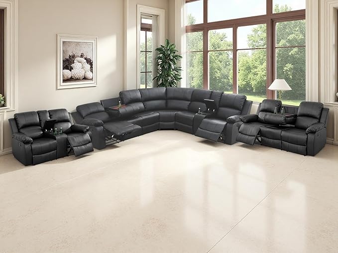 Reclining Sectional Couch, 5 Pieces Living Room Furniture Sets, Black Leather Sectional Manual Recliner Sofa Set and Sofa Chair with Drop-Down Table,Cup Holders,Storage Console for Living Room