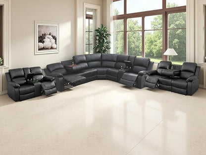 Reclining Sectional Couch, 5 Pieces Living Room Furniture Sets, Black Leather Sectional Manual Recliner Sofa Set and Sofa Chair with Drop-Down Table,Cup Holders,Storage Console for Living Room