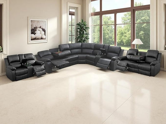 Reclining Sectional Couch, 5 Pieces Living Room Furniture Sets, Black Leather Sectional Manual Recliner Sofa Set and Sofa Chair with Drop-Down Table,Cup Holders,Storage Console for Living Room