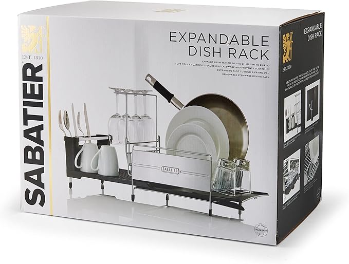 Sabatier Expandable Stainless Steel Dish Rack with Rust-Resistant Soft Coated Wires and Bi-Directional Spout, with Utensil Caddy and Removable Stemware Holder