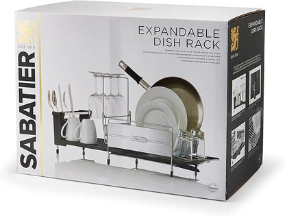 Sabatier Expandable Stainless Steel Dish Rack with Rust-Resistant Soft Coated Wires and Bi-Directional Spout, with Utensil Caddy and Removable Stemware Holder