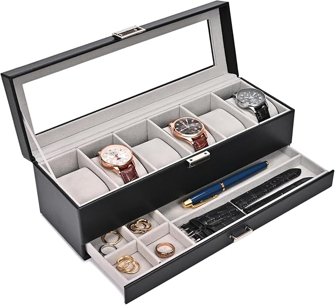 ProCase Watch Box, 6 Slot Watches Display Case with Drawer, Mens Watch Case with Glass Lid, 2-Layer Mens Jewelry Organizer Storage Holder, Birthday Valentine Gifts for Men -6 Slot, Black