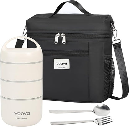 Voova Stackable Stainless Steel Thermal Lunch Box with Lunch Bag and Cultery Set for Adult Women Men, 3 Tier Leakproof & Microwave Safe Insulated Bento Boxes Food Container for Work, Black