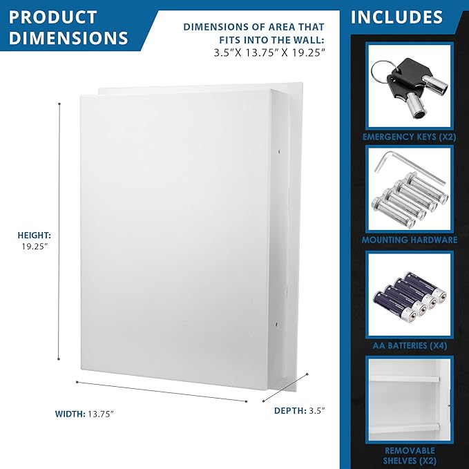 Barska White Biometric Wall Safe with Right Opening Door – Fingerprint Access Safe with 120 User Memory, Solid Steel Construction, Motorized Deadbolts & Removable Shelves - In Wall safe, Hidden safe