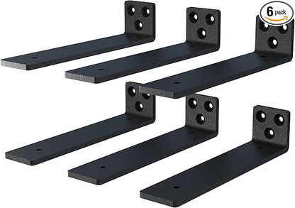 8 Inch Floating Shelf Brackets, Heavy Duty Hidden Bracket for Wall, Mantel, Bookshelves, Black Powder Coated Steel, 6-Pack