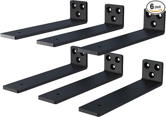 10 Inch Floating Shelf Brackets, Heavy Duty Hidden Bracket for Wall, Mantel, Bookshelves, Black Powder Coated Steel, 6-Pack