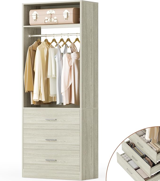 Freestanding 2FT Closet System with 3 Wood Drawers, 24" Closet Organizer System with Hanging Rod & Shelves, Walk-in Closet Systems for Small Closet, White Oak (24"L*15"W*80"H)