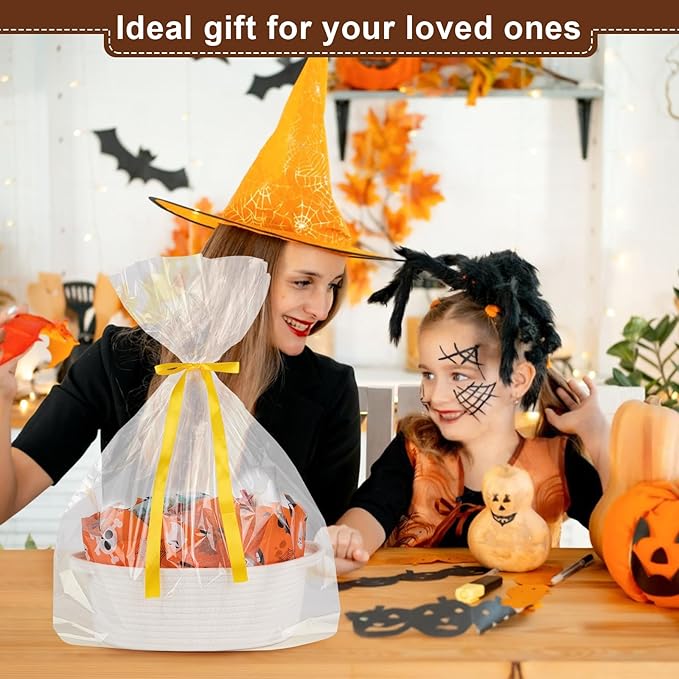 OIAHOMY Halloween Basket with Handle, Small Woven Gift Basket with Gift Bag, Ribbon and Wrap Tissue Paper, Nursery Bins Empty to Fill with Small Items, Baby, Pet Toy Organizer - White & Orange