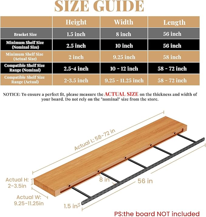 1 Pack Large Shelf Brackets Long Floating Shelf Bracket Invisible Floating Shelf Hardware Heavy Duty Floating Mantel Brackets(56"X8"X1.5")