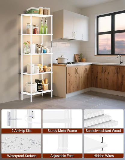 5 Tier Bookshelf with LED Light, Dimmable Bookcase with Touch & Remote Control, 3 Color Temperatures, Tall Modern Display Standing Shelf for Living Room, Bedroom, Home Office (White)