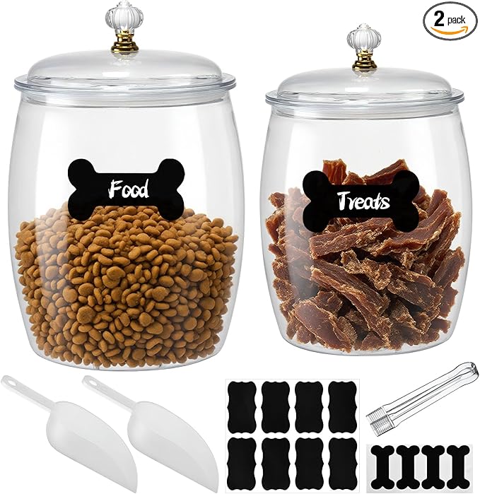 2 Pack Dog Treat Container Airtight, Dog Food Storage Container Dog Treat Jar with Lid 9.8x6.3 & 8.6x5.3 inch Clear Dog Cookie Jar with Scoops,Clamp,Labels for Dog Cat Bird and other Pet