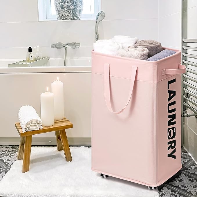 Goodpick Pink Laundry Baskets with Wheels 2-Pack, 75L Rolling Laundry Basket with Removable Wash Bags, Large Laundry Hamper for Corner Dorm, Collapsible Laundry Basket on Wheels