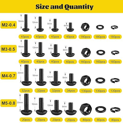 2200PCS M2 M3 M4 M5 Metric Screws Assortment Kit, Hex Socket Button Head Assorted kit, Machine Screw Set with Nuts & Washers,10.9 Alloy Steel Black Zinc Plated for 3D Printing