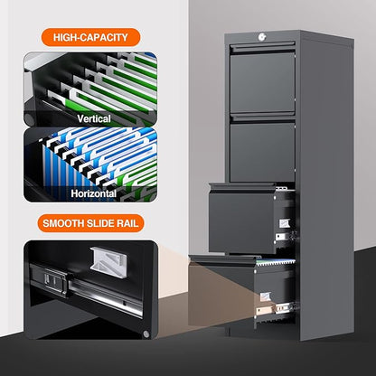 Metal Vertical File Cabinet with Lock,File Cabinet with 4 Drawer for Letter,Legal,F4,A4,14.96" W x 17.72" D x 52.36" H, Assembly Required,Black