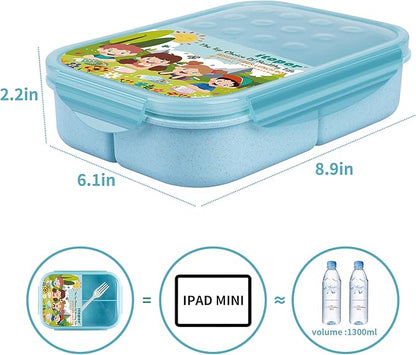 Wheat Straw Lunch Box, Leakproof 3-Compartment Bento Box for Kids & Adults, BPA-Free Lunch Containers, Microwave & Dishwasher Safe, 5.5 Cup (Blue)