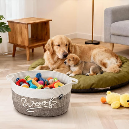 Woof Dog Toy Basket with Handles, Large Dog Toy Storage Bin with Paw Print, Woven Dog Basket for Blankets, Toys, Chews, Pet Toy Box for Nursery, Living Room, Bedroom, 17”x12”x9, Brown