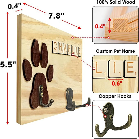 Personalized Dog Leash Holder Wall Mount, Pet Harness Hanger with Scrabble Letters, Dog Collar Organizer for Entryway, Memorial Paw Leash Holder for Wall, Pet Loss Gifts, Keepsake, Home Decor