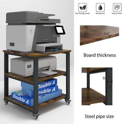 Natwind 3-Tier Laser Printer Cart,19.7''x19.7''x22.6'' Large Machine Stand,Heavy Duty Rolling Table with Storage,Floor-Standing Rack on Wheels,Paper File Organizer Shelf for Home Office (Retro)