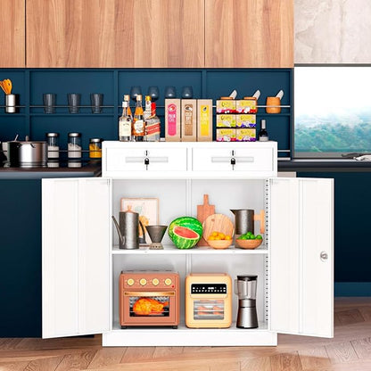 Bonusall Garage Storage Cabinet with 2 Drawers,42" Metal Office Cabinets with Doors and Shelves,Steel Pantry Cabinet for Home Office,School,Warehouse(White)