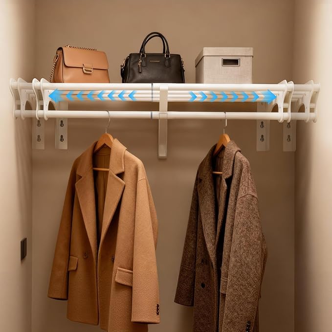 Closet Shelf with Hanging Rod, 52-95'' Expandable Wall Mounted & Side Wall Mounted Steel Clothes Rack with Top Shelf, Holds 220 lb Heavy Duty Closet Rod DIY Divider Separtor for Cabinet Wardrobe