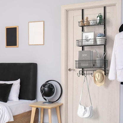 YBING Over The Door Organizer with Hooks 3 Tier Back Towel Hanger Baskets Metal Behind Hanging Storage Shelf Pantry Racks for Bedroom Bathroom Black, R01-R984