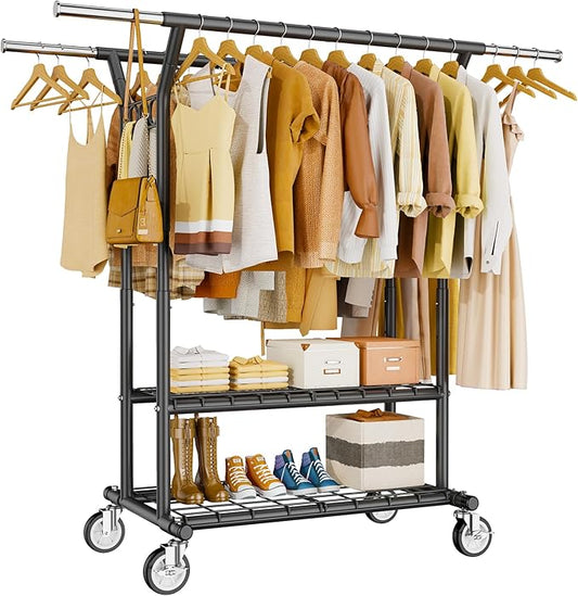 Heavy Duty Clothes Rack, Rolling Clothing Rack With Shelves Load 620 LBS, Double Rod Clothing Racks for Hanging Clothes, Portable& Adjustable Clothes Rack with Wheels,Black