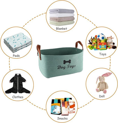 Geyecete X-Large Cotton Rope Dog Basket with Leather handle Blanket Storage Basket Decorative Clothes Hamper Basket | Extra Large Baskets for Blankets or Laundry-Geen