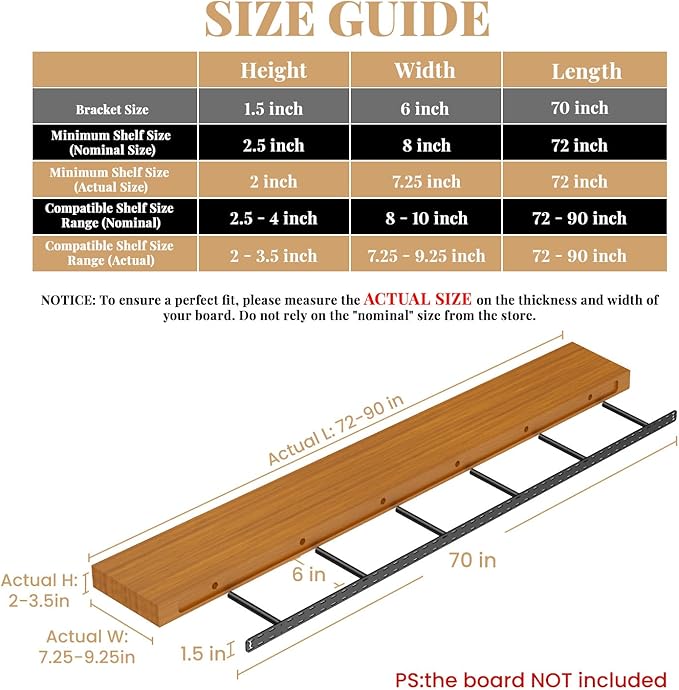 1 Pack Large Shelf Brackets Long Floating Shelf Bracket Invisible Floating Shelf Hardware Heavy Duty Floating Mantel Brackets(70"X6"X1.5" with Tools)