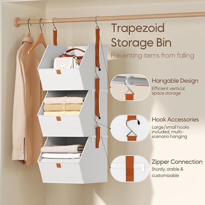 Collapsible Hanging Closet Organizer - 3 Tier Closet Shelves Storage System with Hooks, Fabric Hanging Storage Bins for Clothes, Foldable Storage Basket for Laundry, Bedroom, Rv, White