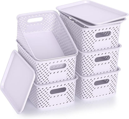 Plastic Storage Bins with Lid, Stackable Small Box Basket for Organizing and Containers for Shelves Drawers Desktop Closet Playroom Pantry Classroom Office Home, 6-pack 10.2"x7.2"x4.1" Lavender