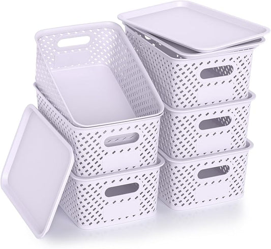 Plastic Storage Bins with Lid, Stackable Small Box Basket for Organizing and Containers for Shelves Drawers Desktop Closet Playroom Pantry Classroom Office Home, 6-pack 10.2"x7.2"x4.1" Lavender