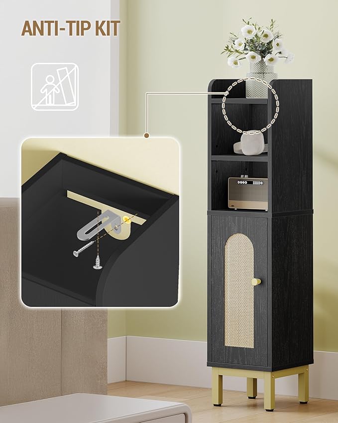 Bathroom Storage Cabinet, Small Corner Floor Cabinet with Door and Shelves, Narrow Toilet Paper Holder, Bathroom Organizer with Adjustable Shelf, for Small Spaces, Rattan Black BC08204Y