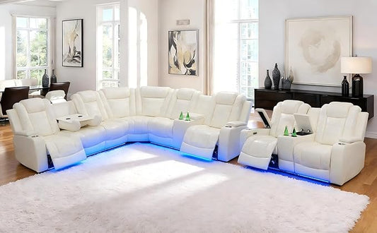 Leather Power Recliner Sectional Sofa, Creamy White Power Recliner Sofa for Living Room, Leather Reclining Sectional Sets, Recliner Loveseat Sets, Cup Holders, Hidden Storage for Home/Office